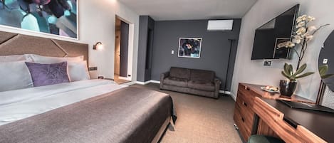 A bedroom with a bed, a sofa, a desk, and a TV.