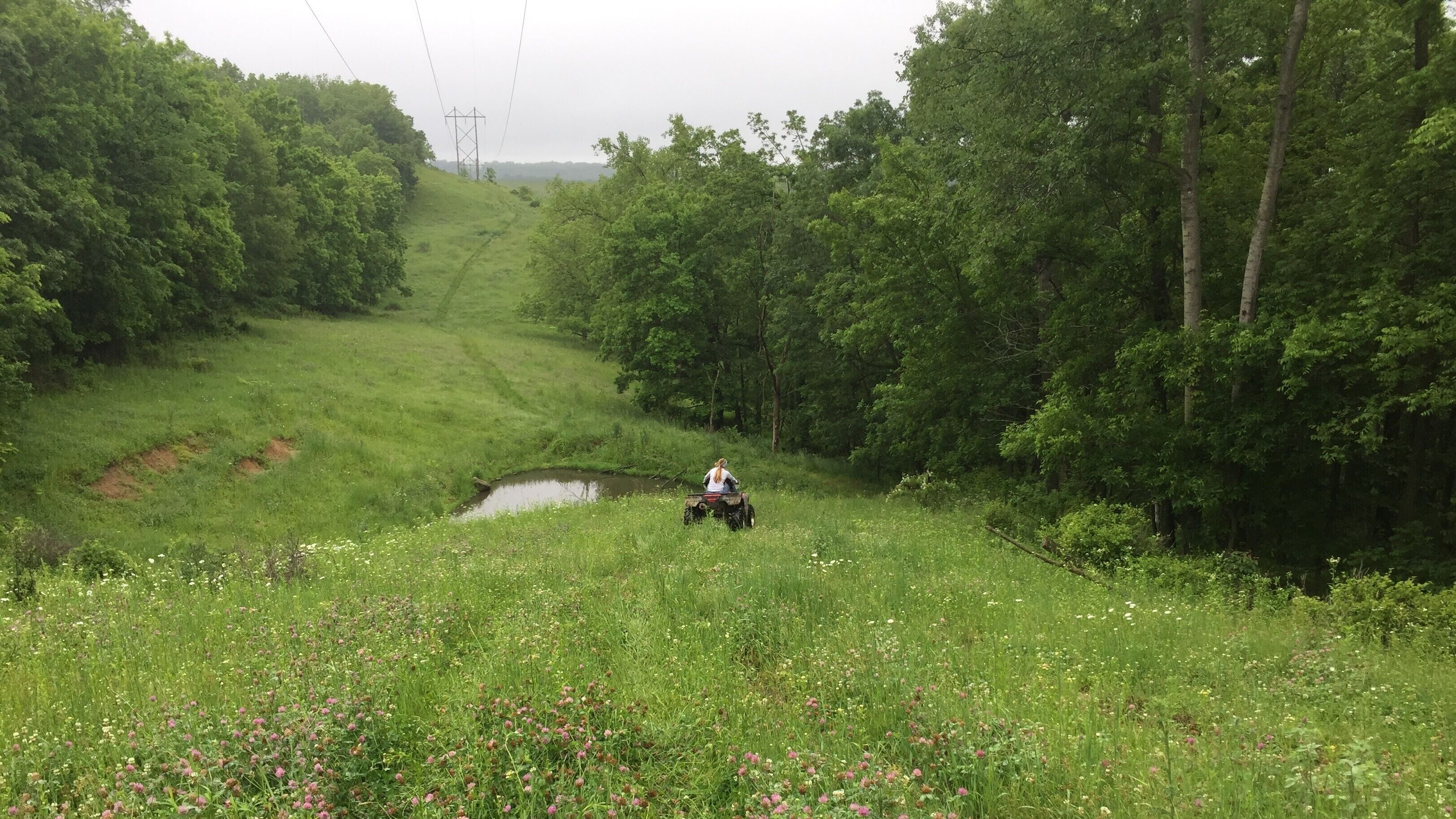 A rural landscape with a person riding an ATV on a grassy path.