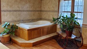 Un baño con una bañera grande, suelo de madera y plantas en macetas.