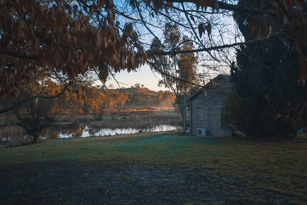 A rustic cabin by a calm pond with a grassy foreground and bare trees in the background.