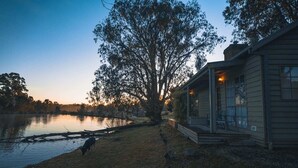 Uma cabana à beira do lago com um cais, uma árvore grande e um cachorro perto da água.