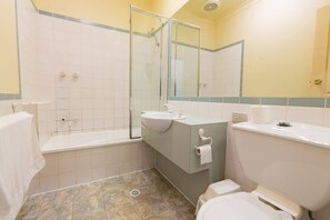 Shower, hair dryer, towels