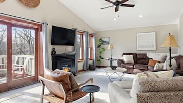 Smart TV, fireplace, DVD player, foosball