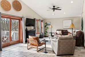 Smart TV, fireplace, DVD player, foosball