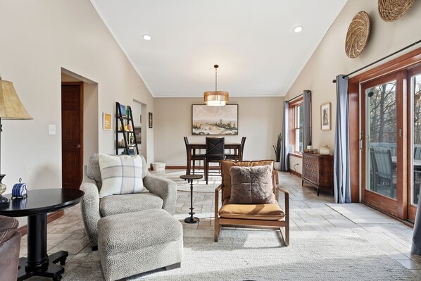 Smart TV, fireplace, DVD player, foosball