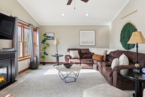 Smart TV, fireplace, DVD player, foosball