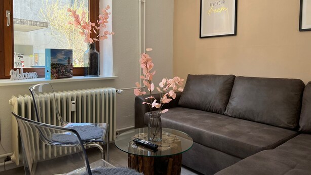 A modern living room with a glass coffee table, a leather sofa, and a vase with pink flowers. - Ferienhaus Möhrle 1 (Ueberlingen)