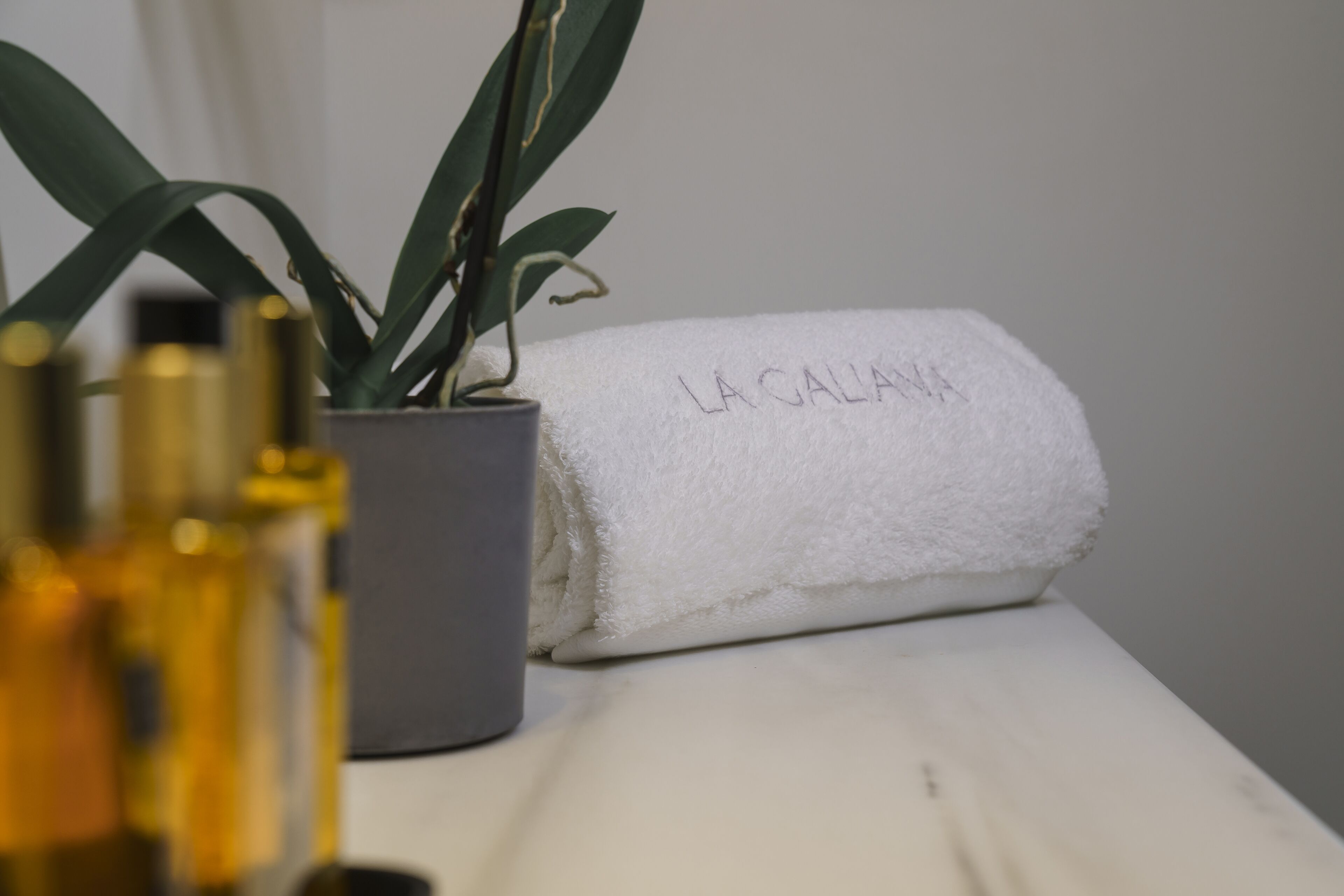 A white towel with "LA CALAMITA" text, a potted plant, and bottles on a white surface.