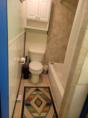 Combined shower/tub, hair dryer, towels, soap