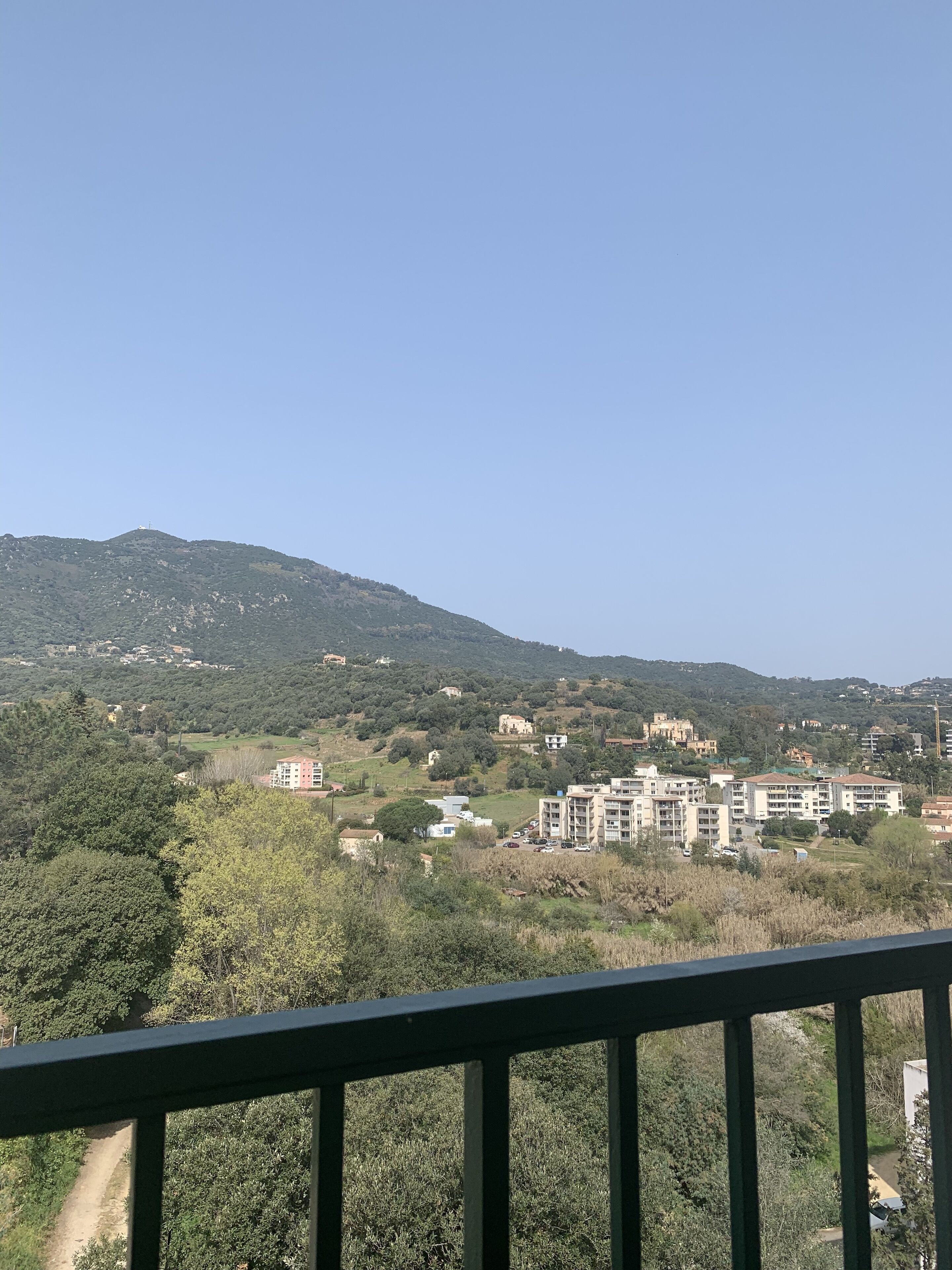 Vista de uma colina com edifícios e vegetação.
