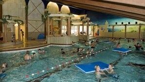 Una piscina interior con varias pistas de natación, zona de vestuarios y un mural en el techo.
