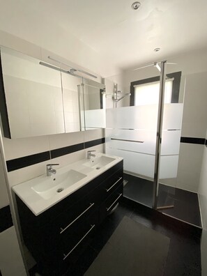 Shower, towels, soap, toilet paper