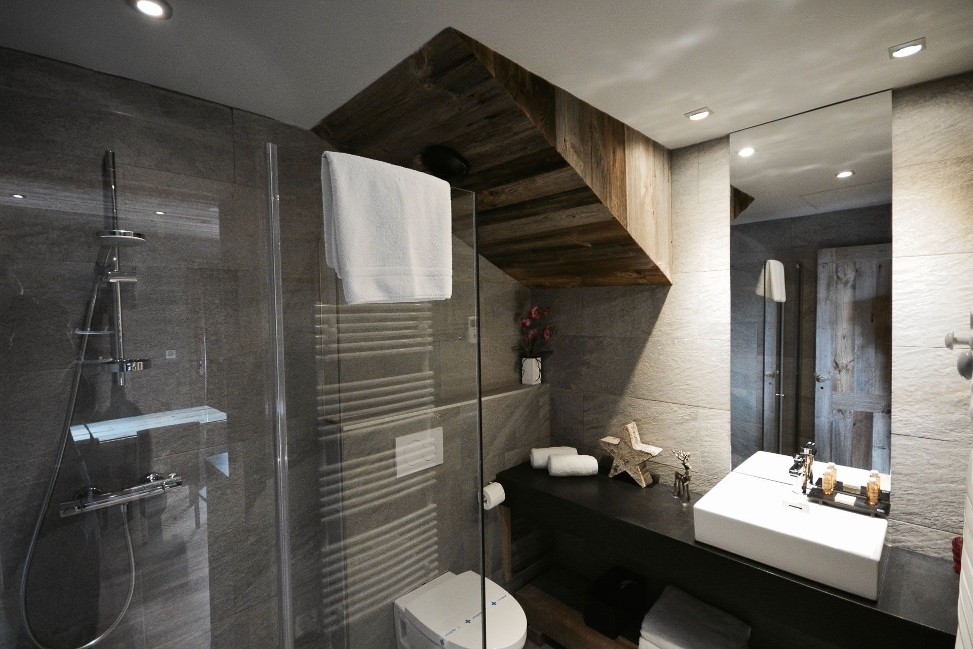Een douche, een haardroger, handdoeken, zeep