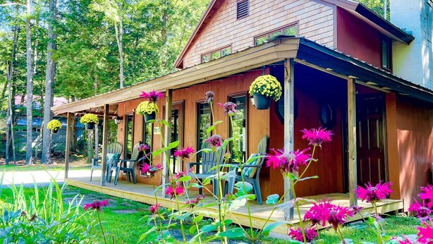 Une cabane en bois dotée d’un porche, entourée d’une végétation luxuriante et de fleurs aux couleurs vives.