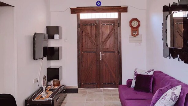 Un salon avec un canapé violet, une porte en bois, un lustre et un tapis à motifs.