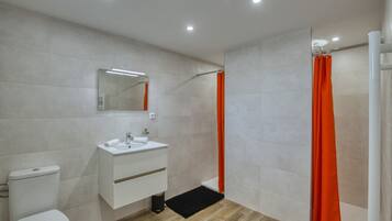 Bathtub, hair dryer, shampoo, toilet paper