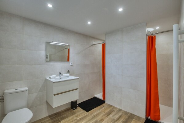 Bathtub, hair dryer, shampoo, toilet paper