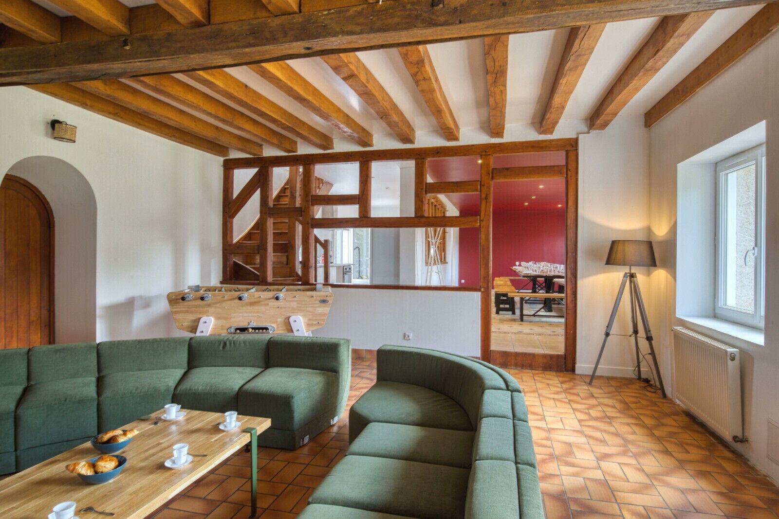 TV, fireplace, video games, foosball