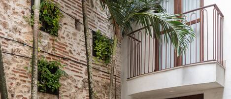 A courtyard with a brick wall, a table with chairs, and a potted plant.