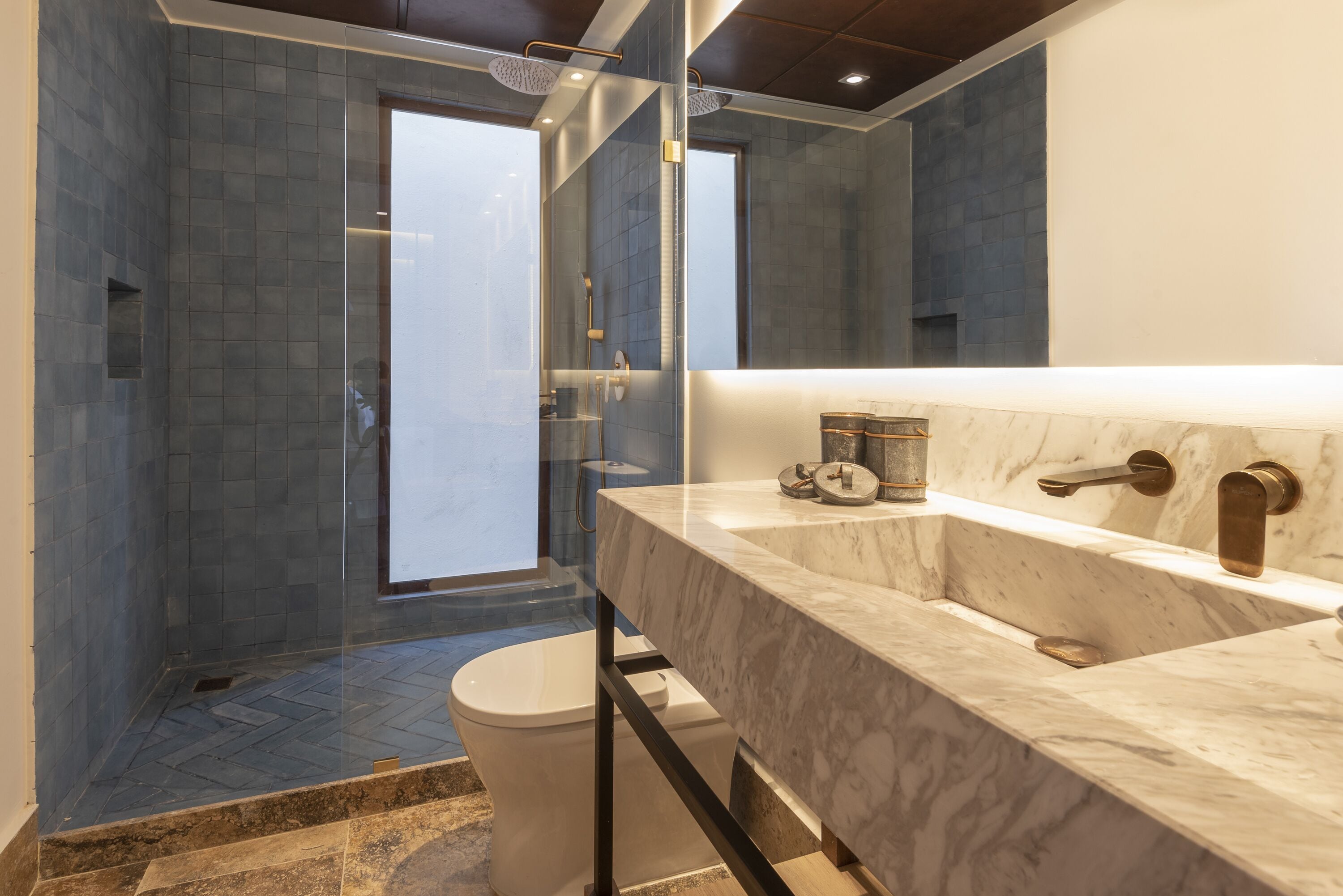 shower, rainfall showerhead, hair dryer, bathrobes