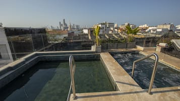 A rooftop swimming pool with clear water, metal railings, and potted plants.