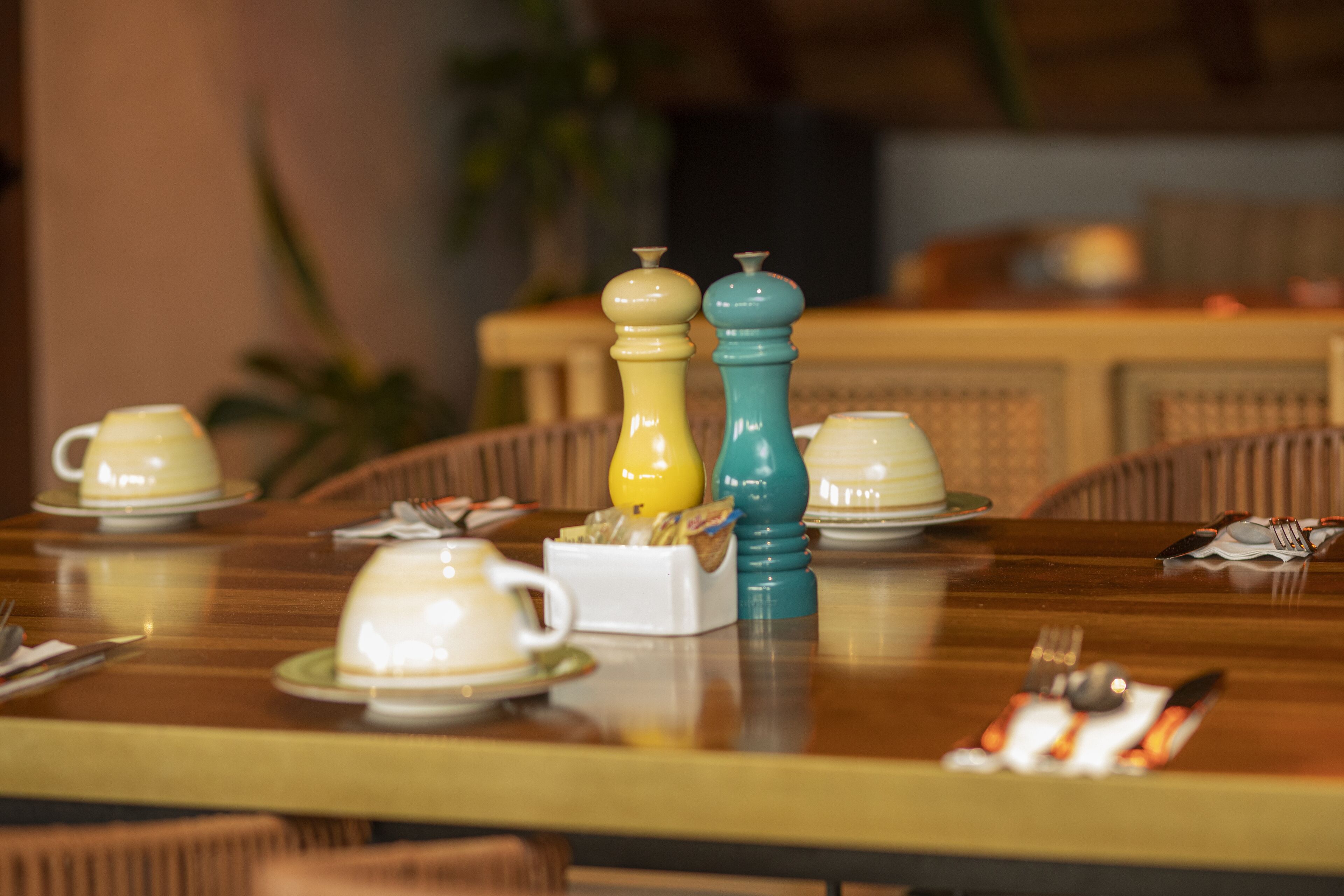 Una mesa de comedor con saleros, pimenteros, una tetera y una taza.
