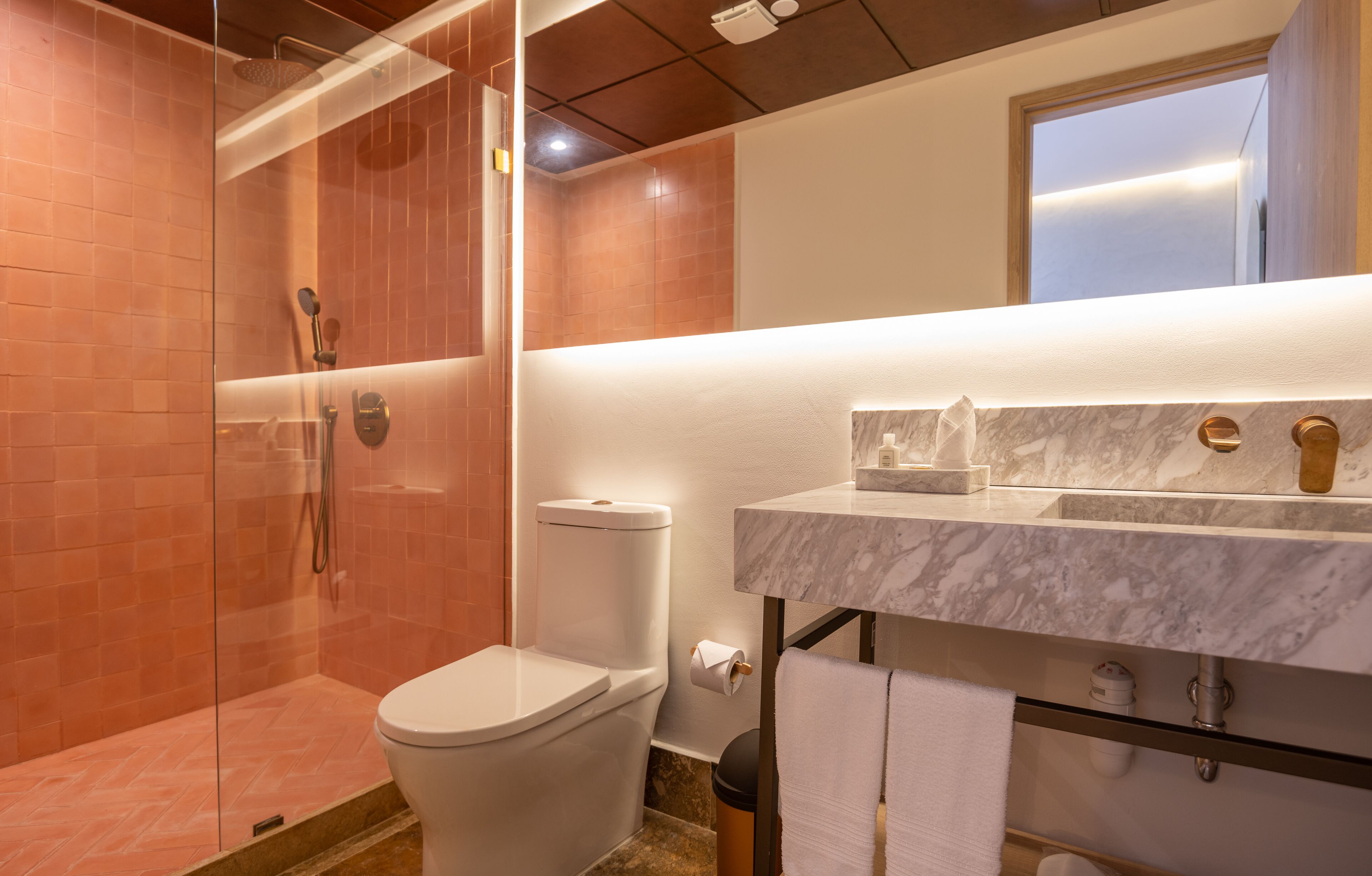 superior twin room | bathroom | shower, rainfall showerhead, hair dryer, bathrobes