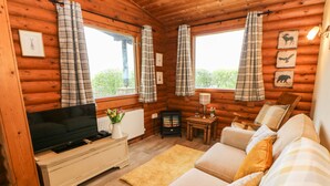 A cozy cabin interior with a TV, sofa, and fireplace. - Alwinton Lodge (Morpeth)