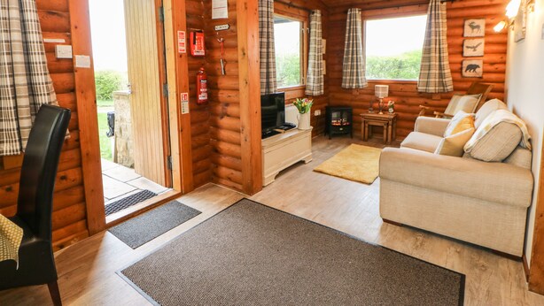 A log cabin interior with a sofa, a television, a fireplace, and plaid curtains. - Alwinton Lodge (Morpeth)
