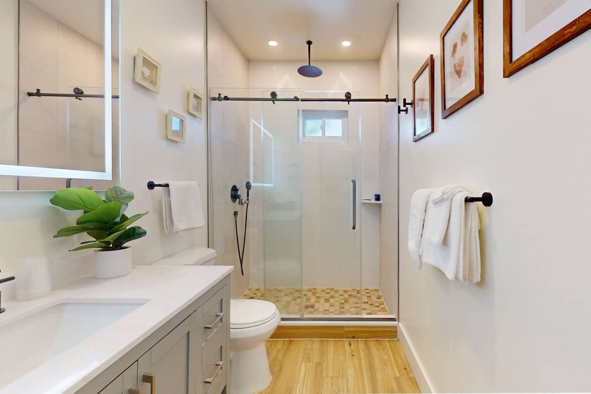 A modern bathroom with a glass shower enclosure, a white sink, and a toilet.