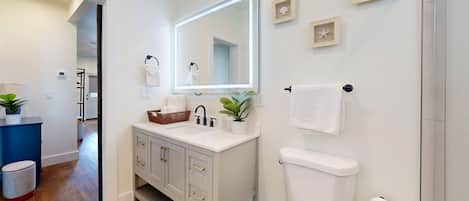 A bathroom with a white sink, a mirror above it, a toilet, and a small plant on the counter.