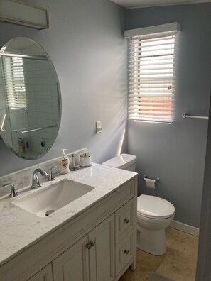 Douche, séchoir à cheveux, serviettes fournies, savon