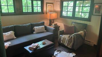 Smart TV, chimenea, libros y estéreo