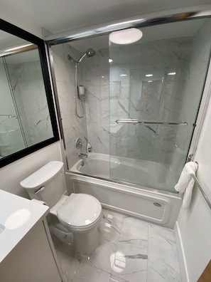 Combined shower/tub, hair dryer, towels, soap