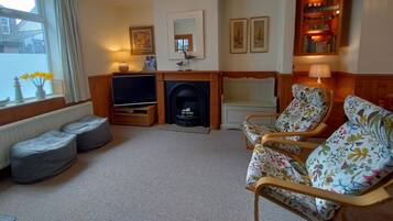 TV, fireplace, DVD player, books