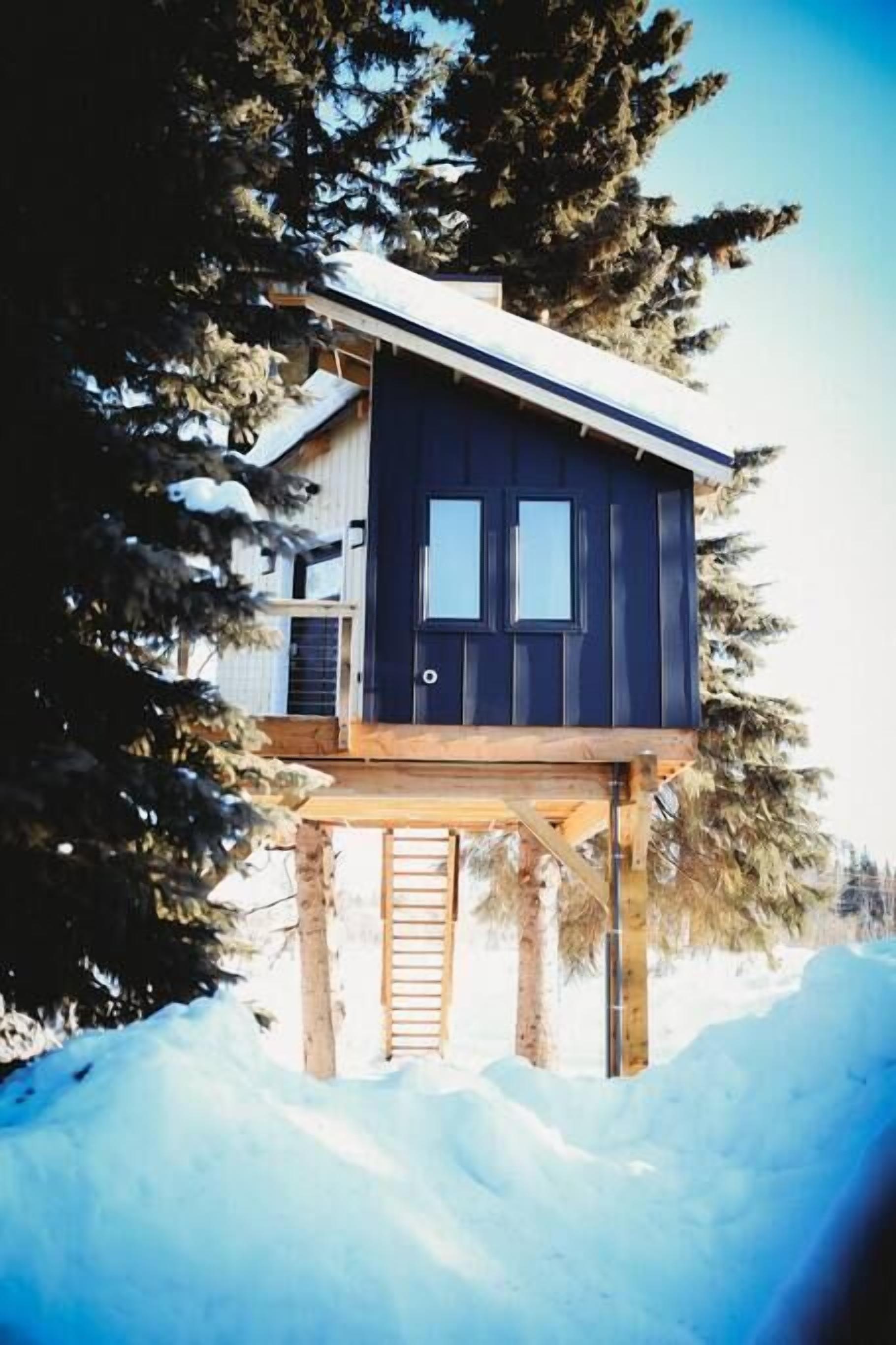 A wooden cabin on stilts surrounded by snow and trees.