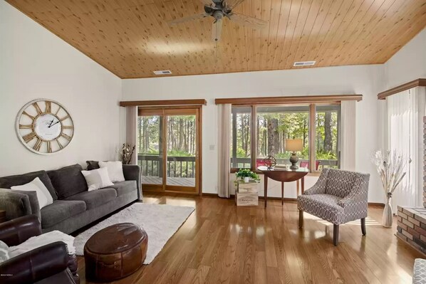 Smart TV, fireplace, books