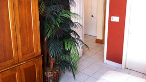 A hallway with a wooden cabinet, a large potted plant, and a white door. - Tangerine Sunsets Tangelo (Nassau)