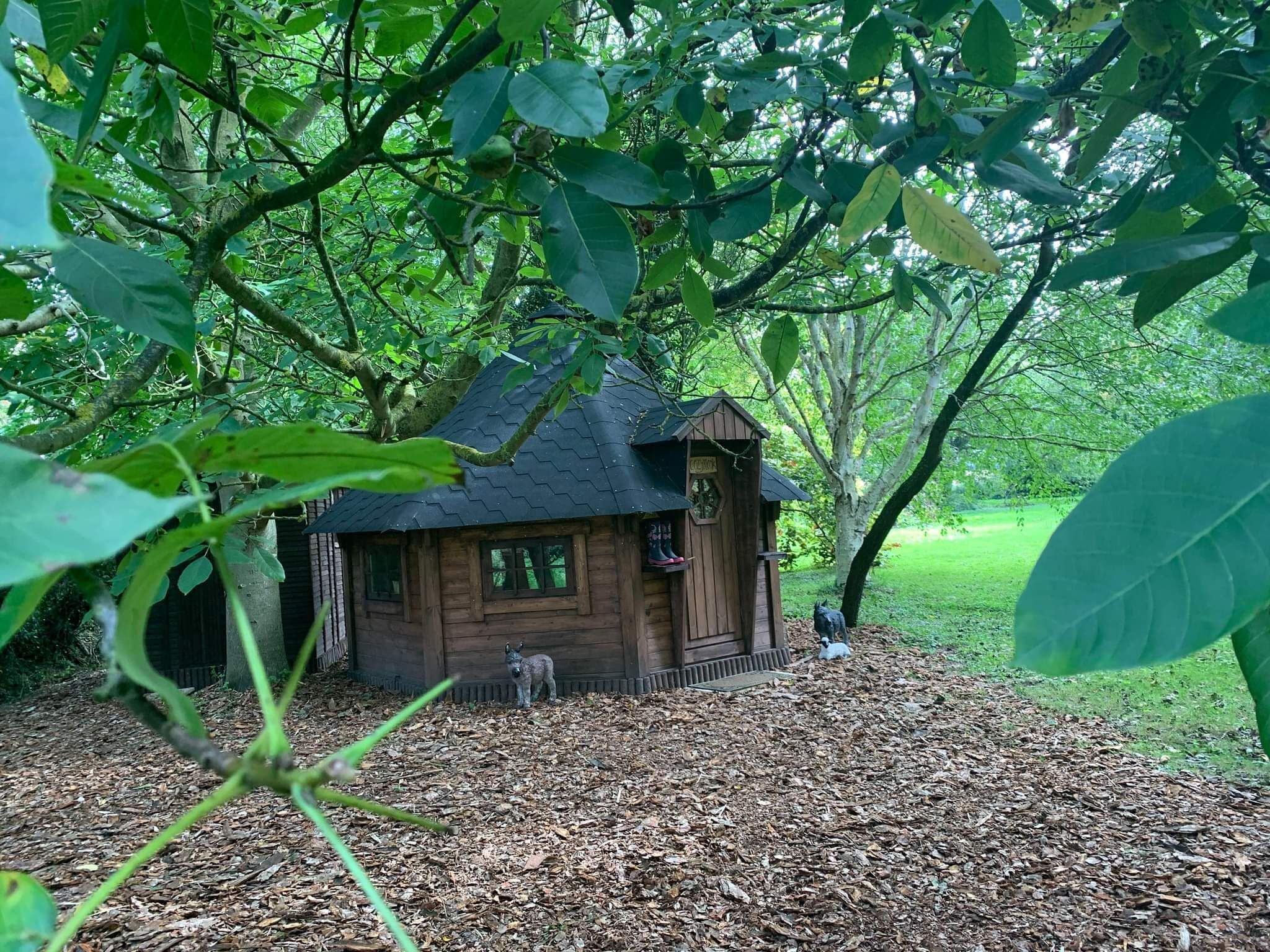 A wooden cabin with a sloped roof, surrounded by dense foliage and a leaf-covered ground.