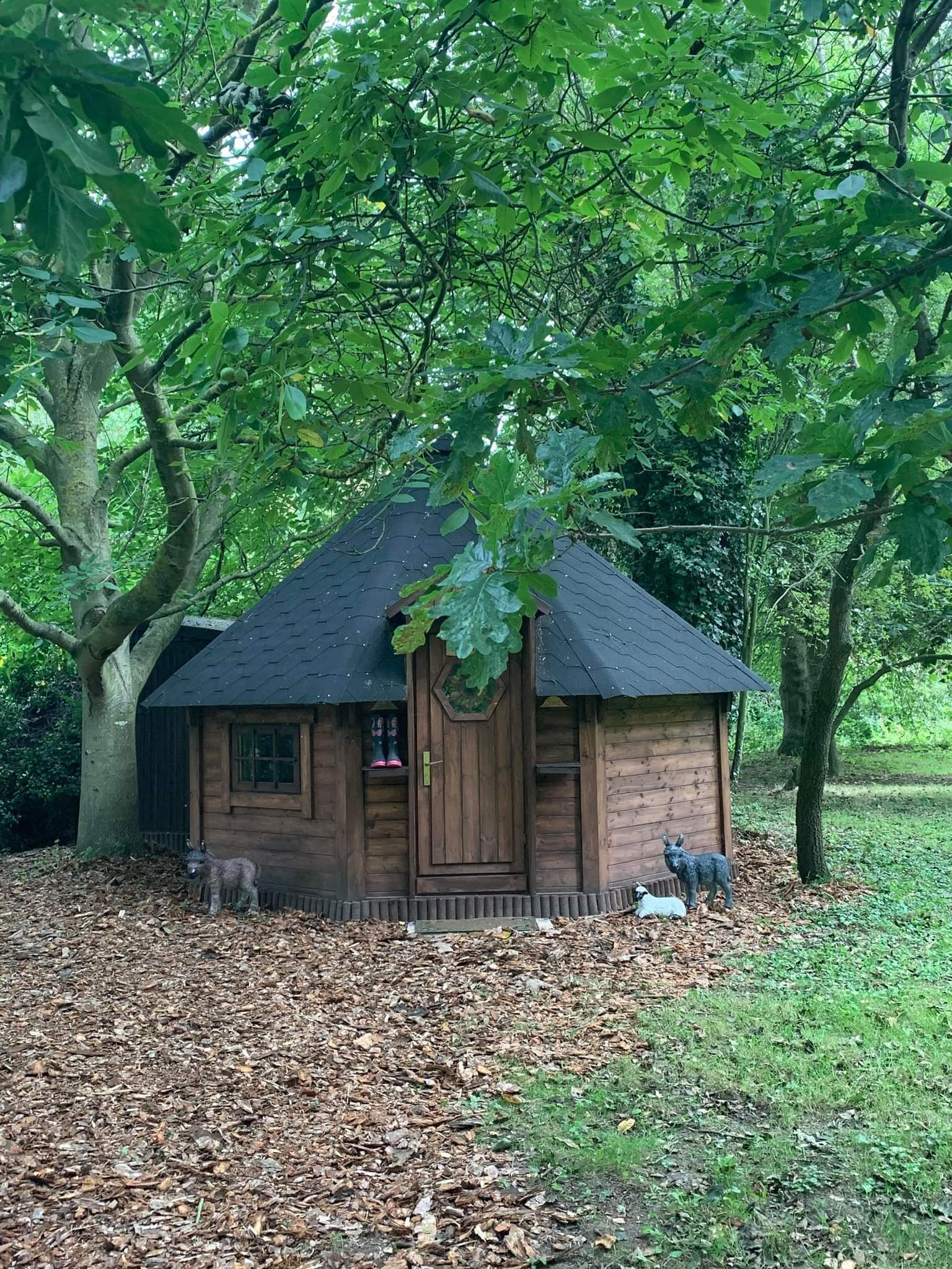 Eine Holzhütte mit geneigtem Dach, umgeben von Bäumen und einem mit Laub bedeckten Boden.