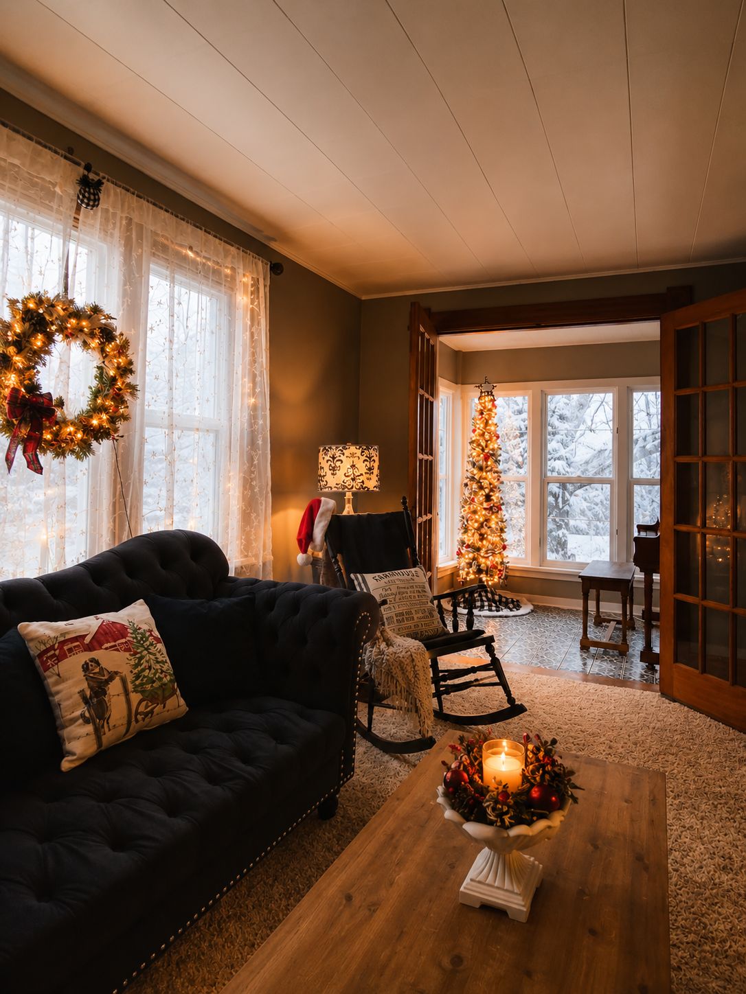 Una sala de estar acogedora con un sofá de color oscuro, una mesa de centro de madera con una vela, un árbol de Navidad y un adorno en el alféizar de la ventana.