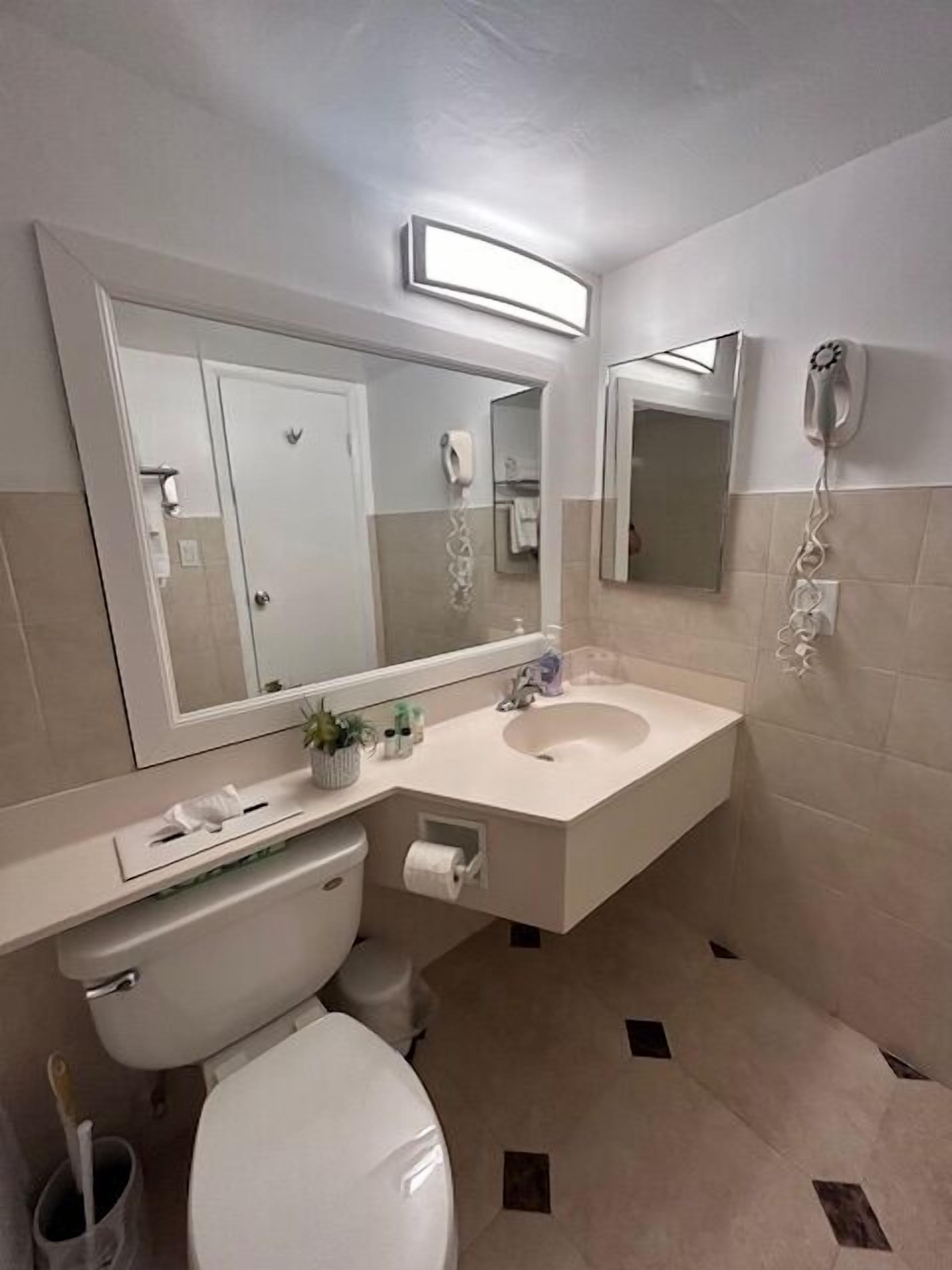 Une salle de bain avec des toilettes, un lavabo et des miroirs.