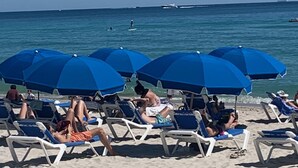 Una spiaggia con ombrelloni azzurri e lettini bianchi.