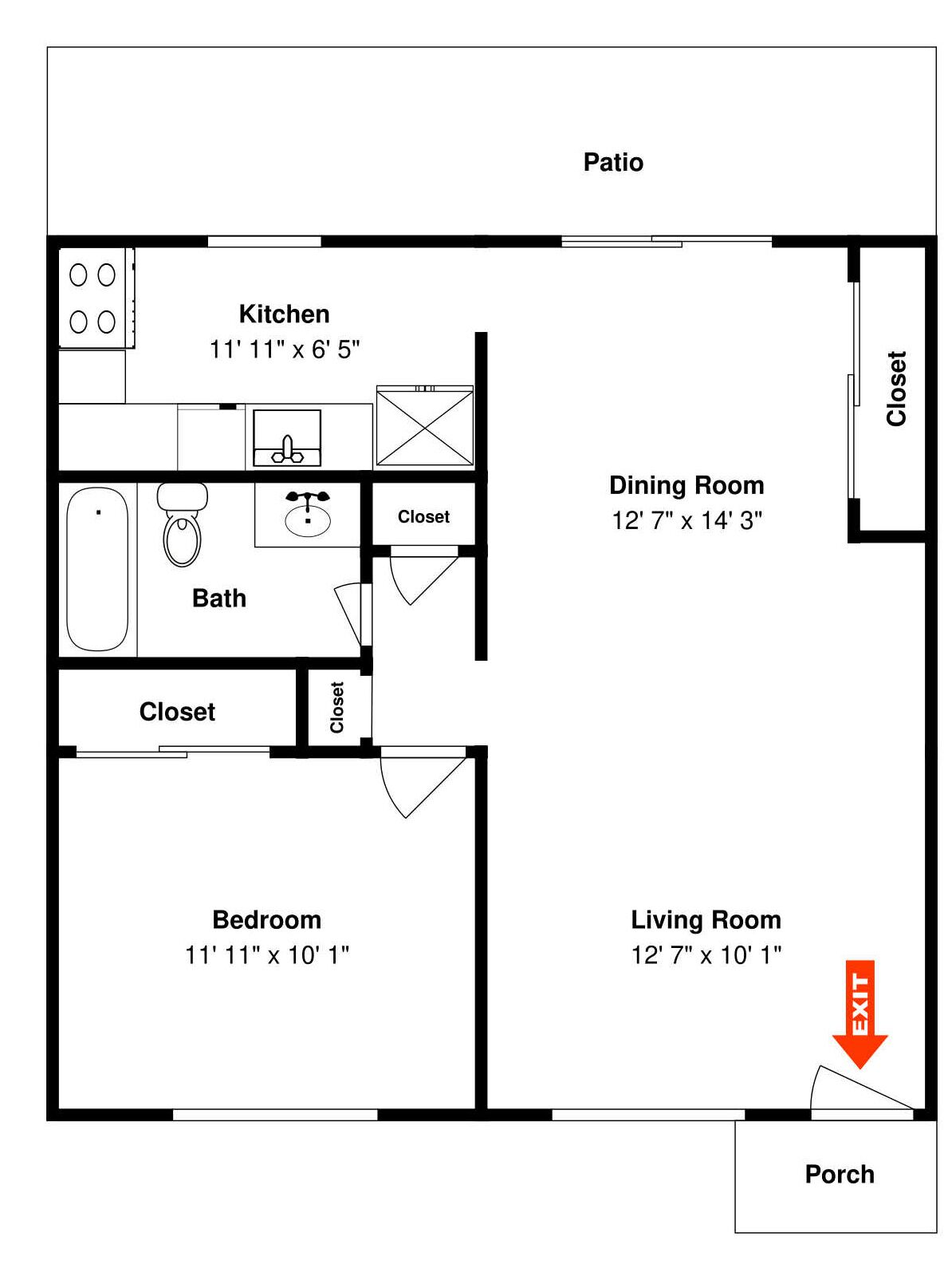 Plano de planta de una casa con cocina, comedor, dormitorio, sala de estar, baño y un patio.
