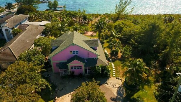 An aerial view of a pink house with a green roof surrounded by lush greenery and a clear blue sea. - Tangerine Sunsets Castaway, Tangerine Sunsets Castaway (Nassau)