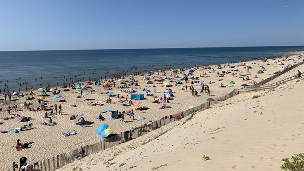 A crowded beach with people sunbathing and swimming, a wooden fence, and a clear blue sky. - House (Hourtin)