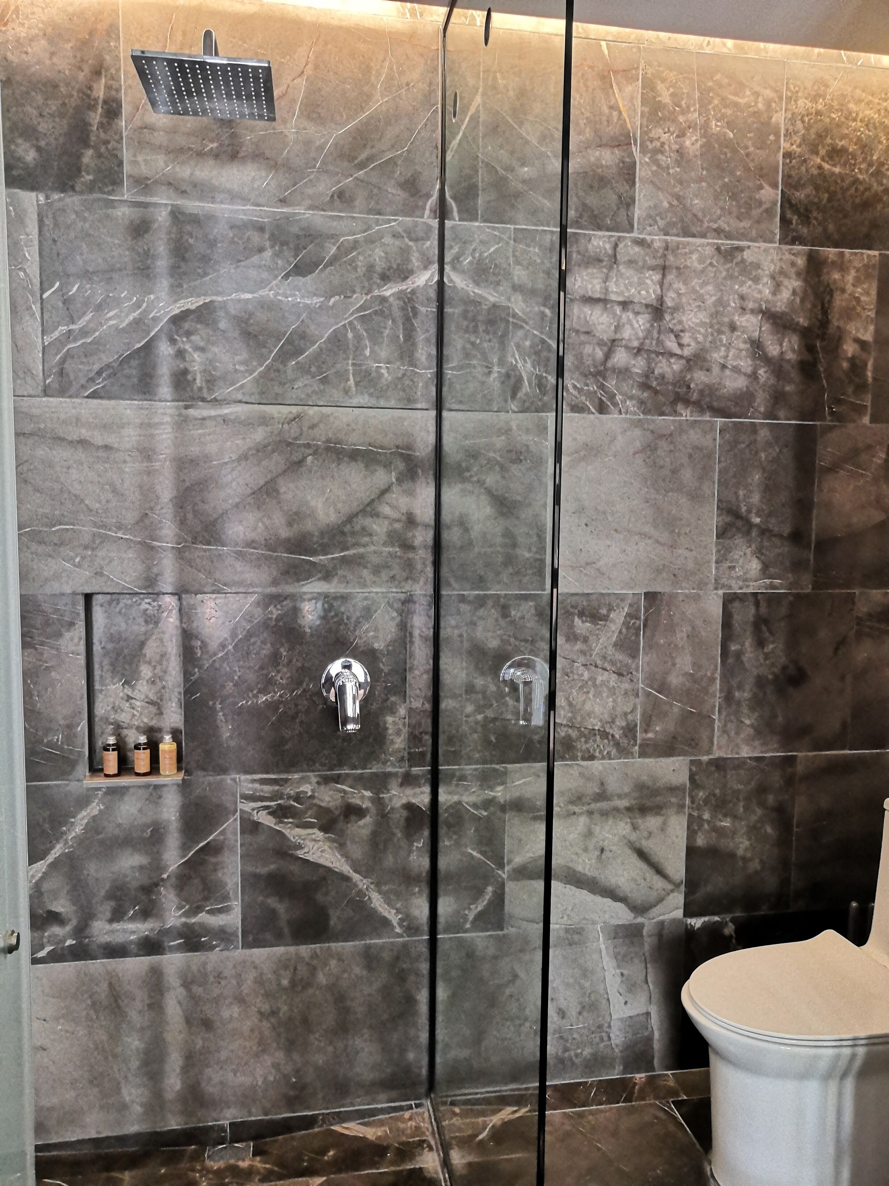 Ein Badezimmer mit Dusche, Toilette und Ablage für Toilettenartikel.