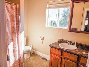 シャワー付き浴槽、ヘアドライヤー、タオル、石鹸