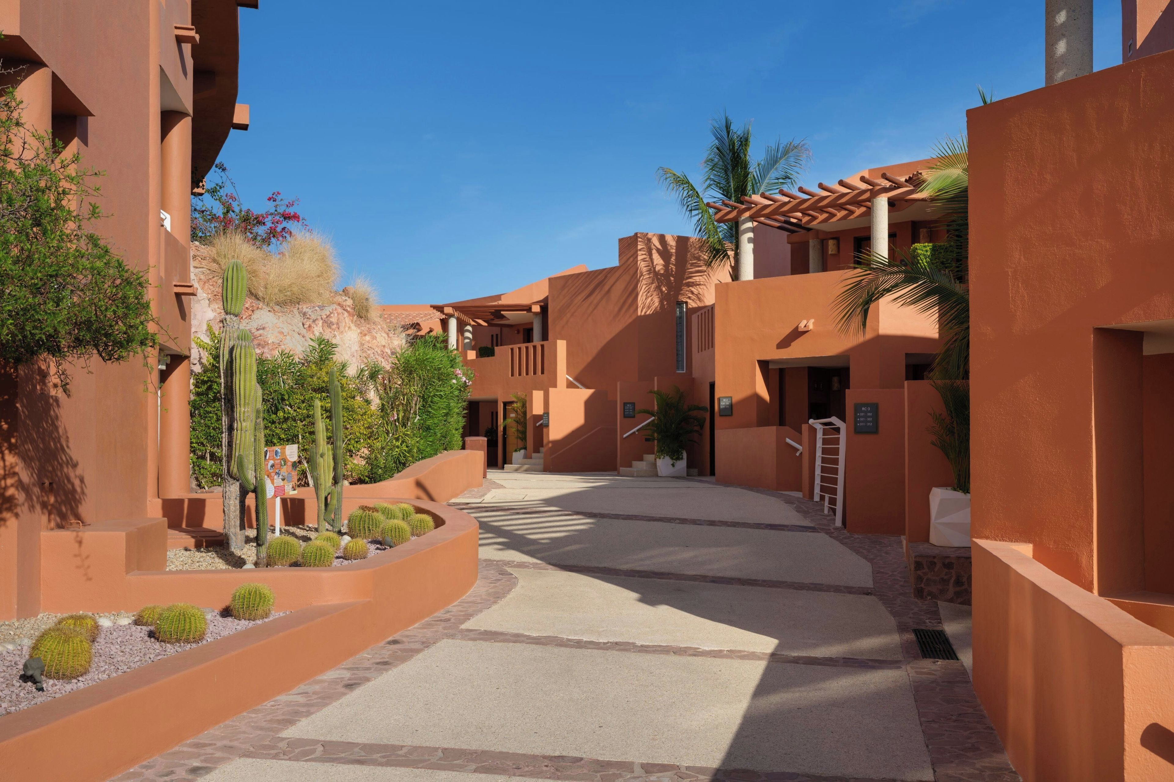 Un patio central con un camino, rodeado de edificios con paredes color terracota y palmeras.
