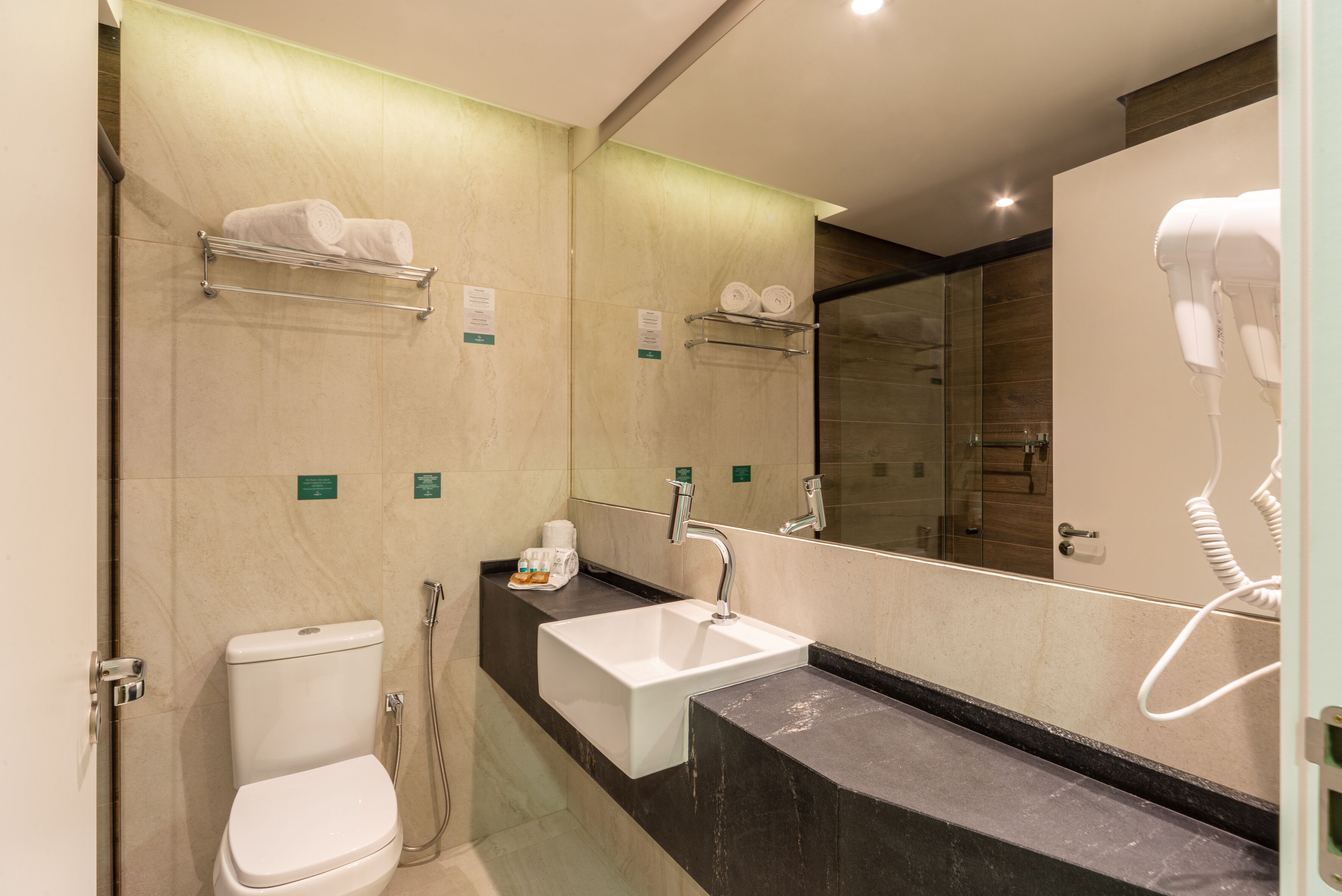 shower, free toiletries, hair dryer, towels